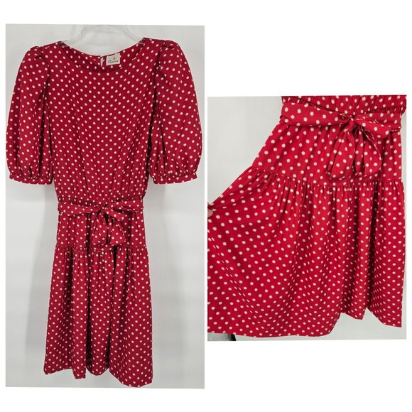 Vint 80s Liz Claiborne Midi Circle Dress 8 Red Polka Dot Full Skirt Puff Sleeve - Picture 1 of 9